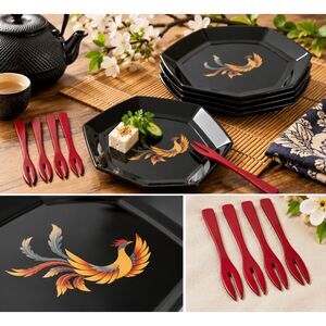 Japanese Laquerware Mid Century Set of 5 Plates 4 Forks Black Phoenix Kansai